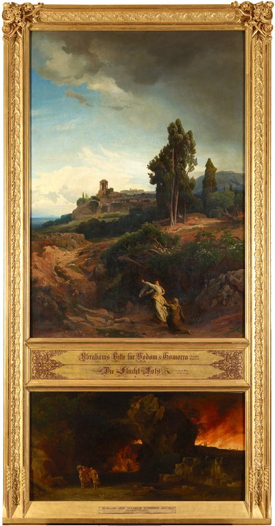 Abrahams Bitte für Sodom (oben). Die Flucht Lots (unten). Aus dem Zyklus "Zwölf biblische Landschaften mit der Geschichte Abrahams" von Johann Wilhelm Schirmer