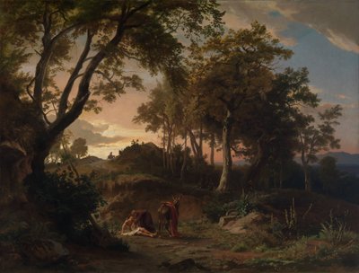 Der Abend, Die Bergung des verletzten Wanderers durch den barmherzigen Samariter von Johann Wilhelm Schirmer