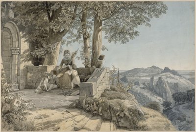 Felsige Landschaft, vorn eine junge Frau mit drei Kindern und Hund vor einem romanischen Portal von Johann Wilhelm Schirmer