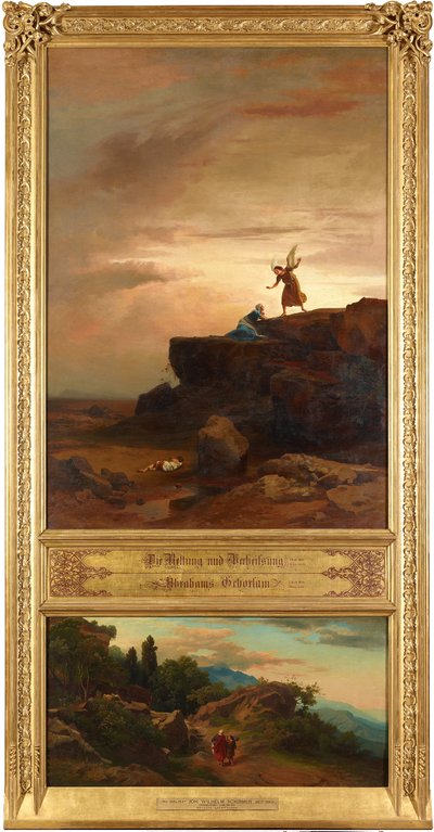 Rettung und Verheißung (oben). Abrahams und Isaaks Gang zum Opfer (unten). Aus dem Zyklus "Zwölf biblische Landschaften mit der Geschichte Abrahams" von Johann Wilhelm Schirmer