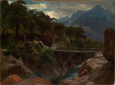 Schweizer Gebirgsfluss mit Steg von Johann Wilhelm Schirmer