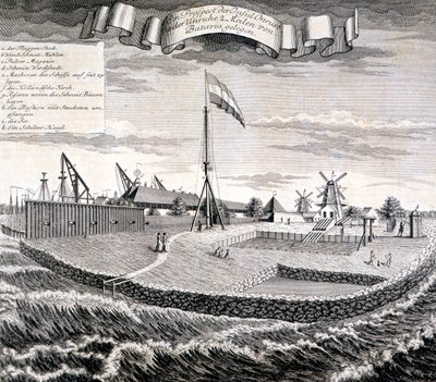 Holz- oder Sägemühle der Niederländischen Ostindien-Kompanie auf der Insel zwei Meilen von Batavia, veröffentlicht 1744 von Johann Wolfgang Heydt