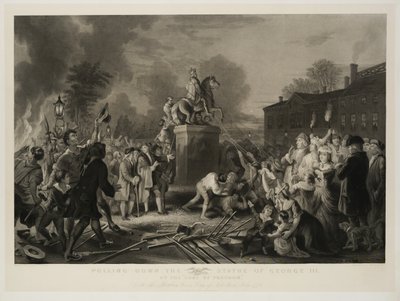 Sturz der Statue von George III durch die Sons of Freedom am Bowling Green, New York City, Juli 1770, graviert von John C. McRae von Johannes Adam Simon Oertel