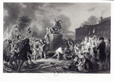 Sturz der Statue von George III durch die Sons of Freedom am Bowling Green, New York City, Juli 1776, veröffentlicht 1875 von Johannes Adam Simon after Oertel