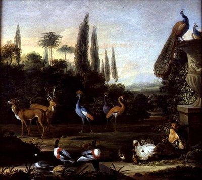 Ein Parklandschaft mit Hirschen und exotischen Vögeln von Johannes Bronckhorst