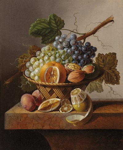 Trauben, eine Orange und Walnüsse in einem Weidenkorb mit einer Zitrone und Pflaumen, alle auf einem Marmorsims von Johannes Cornelis Bruyn