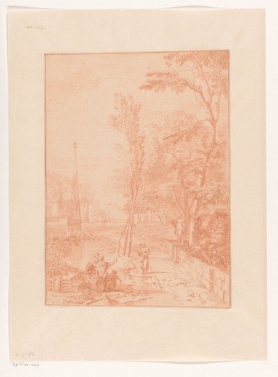Arkadische Landschaft mit Figuren nahe einem Obelisken von Johannes Glauber