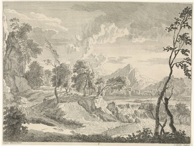 Hügelige Landschaft mit Wasserfall von Johannes Glauber