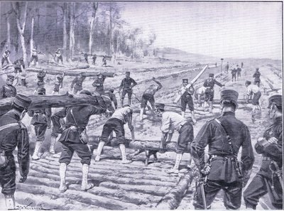 Japanische Ingenieure bauen eine Holzstraße für Truppen, Illustration aus Cassells Geschichte des Russisch-Japanischen Krieges Band 1, ca. 1900 von Johannes Hermann Barend Koekkoek