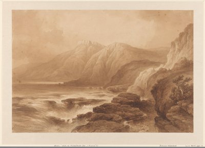 Ansicht einer hohen Felsenküste, mit einer Festung auf einem der Berggipfel von Johannes Hilverdink