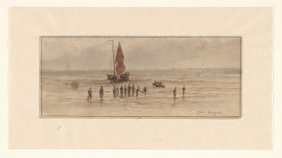 Strandansicht mit Fischern und Segelschiff von Johannes Huygens (signed by artist)