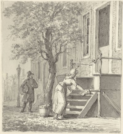 Eine Dienstmagd reinigt eine Treppe vor einem Haus von Johannes Jelgerhuis