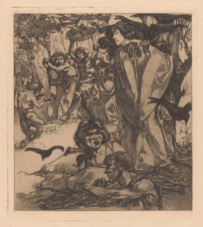 Waldlandschaft mit Menschen, Krähen und Satyr von Johannes Josephus Aarts