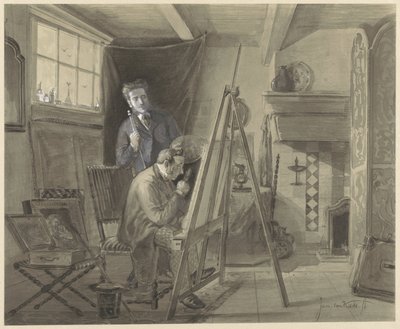 Selbstporträt von Johannes Marius van Kate, stehend in seinem Atelier mit einem Besucher von Johannes Marius ten Kate