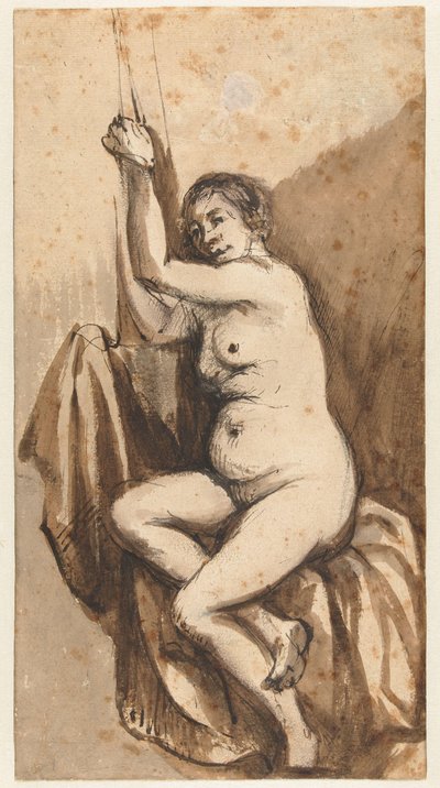 Sitzender weiblicher Akt mit erhobenen Armen von Johannes Raven (attributed to)