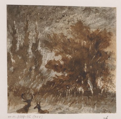 Hirsche und Vögel bei hohen Bäumen von Johannes Tavenraat (signed by artist)