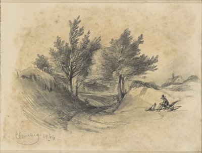 Heidelandschaft bei Cleverberg mit einem sitzenden Mann mit Hund von Johannes Tavenraat