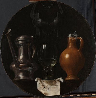 Emblematisches Stillleben mit Flasche, Glas, Krug und Zaumzeug von Johannes Torrentius