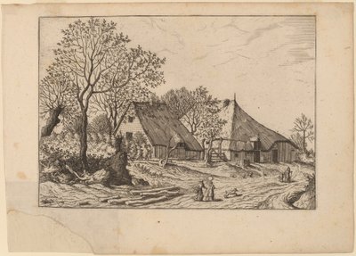 Bauernhof mit Schuppen und Ziehbrunnen von Johannes and Lucas van Doetechum after Master of the Small Landscapes