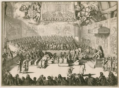 Eine Sitzung im Unterhaus mit Georg II. auf dem Thron von Johannes and Mortier, Cornelis Covens
