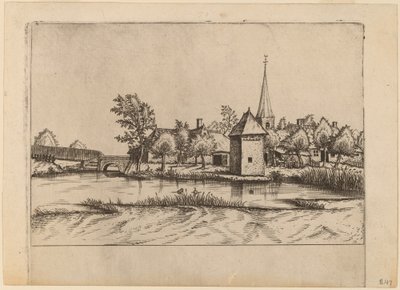 Dorf mit Kirche und Brücke von Johannes van Doetechum, the Elder and Lucas