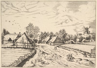Dorf mit Postmühle aus Multifariarum casularum ruriumque lineamenta curios..., 1559-61 von Johannes van Doetecum I