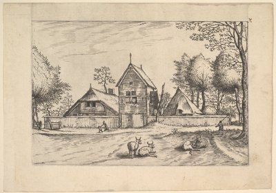 Bauernhof, Kühe und Hirte im Vordergrund aus Praediorum villarum et rusticar... von Johannes van Doetecum I
