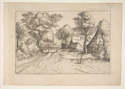 Dorfstraße mit einem Bauernhof und Schuppen, aus der Serie Die kleinen Landschaften Multifariaru... von Johannes van Doetecum I