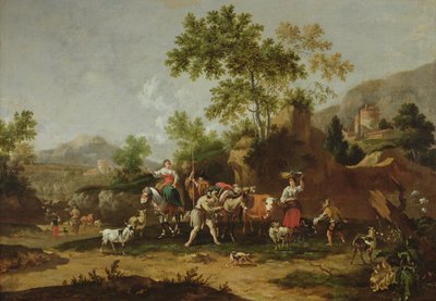 Italienische Landschaft mit Figuren und Tieren von Johannes van der Bent