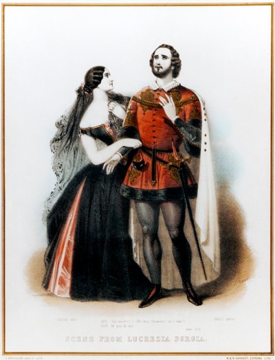 Gaetano Donizettis Oper Lucrezia Borgia - Einführung in Szene II mit Mario (italienischer Tenor: 1810-1883) und Grisi (1811-1869) in London, HM Theaterproduktion, 6. Juni 1839 von John (after) Brandard