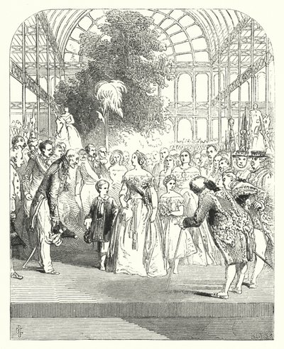 Königin Victoria und ihre Kinder besuchen die Große Ausstellung von 1851, Kristallpalast, Hyde Park, London (Stich) von John (after) Gilbert