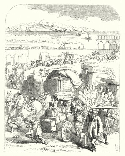Schiffe und Züge bringen Besucher zur Großen Ausstellung von 1851, Kristallpalast, Hyde Park, London (Gravur) von John (after) Gilbert