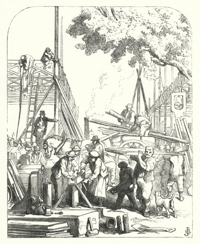Arbeiter auf dem Gelände des Kristallpalastes, Hyde Park, London, Veranstaltungsort der Großen Ausstellung von 1851 (Stich) von John (after) Gilbert
