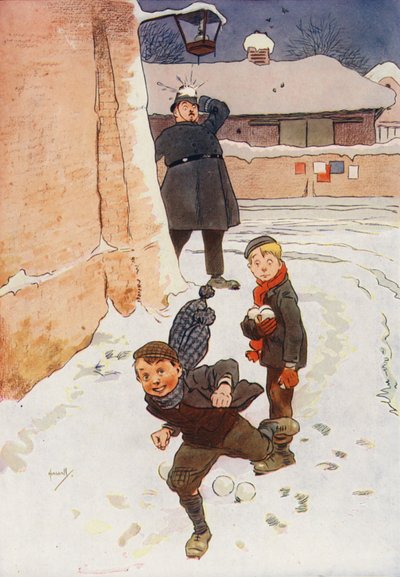 Polizist von einem Schneeball getroffen von John (after) Hassall