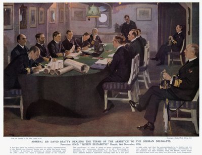 Admiral Sir David Beatty liest den deutschen Delegierten die Bedingungen des Waffenstillstands vor, Vorkabine HMS Queen Elizabeth, Rosyth von John (after) Lavery