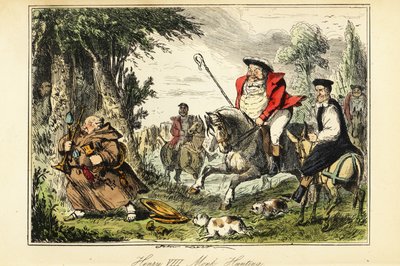 König Heinrich VIII. in viktorianischer Jagdkleidung mit einem Hirtenstab zu Pferd, der einen katholischen Mönch verfolgt, der mit dem Kirchengold flieht von John (after) Leech
