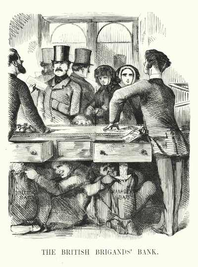 Punch-Karikatur: Die britische Brigantenbank - Korruption im Bankwesen und der Zusammenbruch der Royal British Bank (Stich) von John (after) Leech