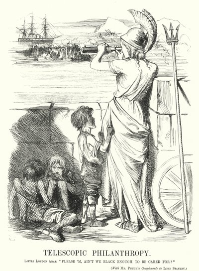 Punch-Karikatur: Teleskopische Philanthropie - die Beschäftigung der viktorianischen Mittelklasse mit Hilfe für die Armen im Ausland statt zu Hause von John (after) Tenniel