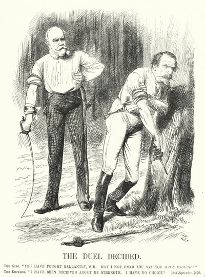 Punch-Karikatur: Das Duell entschieden - die Niederlage Frankreichs im Deutsch-Französischen Krieg von John (after) Tenniel