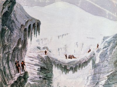 Besteigung des Mont Blanc, Kletterer hängen in einer Gletscherspalte, Aquarell, Frankreich von Walter Charles Mills