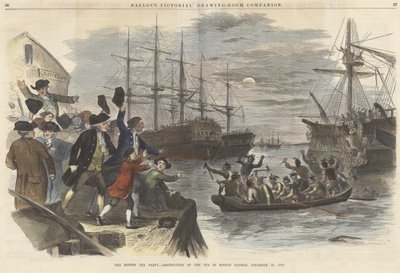 Die Boston Tea Party – Zerstörung des Tees im Hafen von Boston, 16. Dezember 1773, aus Ballous Pictorial Drawing-Room Companion, veröffentlicht 1865 von John Andrew