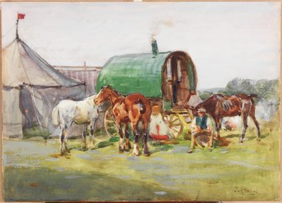 Drei Pferde und ein grünbedachtes Wohnwagen von John Atkinson