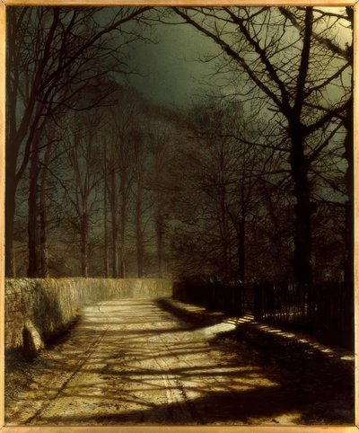 Mondscheinweg mit zwei Liebenden am Tor von John Atkinson Grimshaw