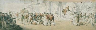 Das Einschiffen von Truppen und Pferden in Margate (England), um 1800. Aquarell (17,8x54 cm) von John Augustus Atkinson (1775-1833), frühes 19. Jahrhundert von John Augustus Atkinson