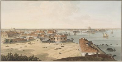 Blick auf die Landzunge der Wassiljewski-Insel und die Peter-und-Paul-Festung, Zwischen 1802 und 1805 von John Augustus Atkinson