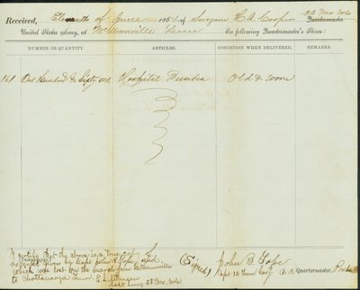 Zeitgenössische Kopie der Quittung der Quartiermeisterläden, Original unterzeichnet John B. Tope, Hauptmann, 12. Tennessee Kavallerie, 11. Juni 1864 von John B. Tope