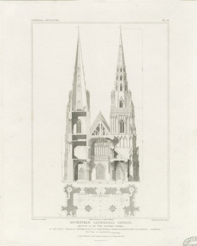 Lichfield Kathedrale - Westfassade: Radierung, undatiert [ca. 1819] von John Britton