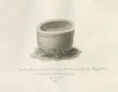 Taufbecken in der Grindon Kirche: Sepia-Zeichnung, 25. Mai 1847 von John Buckler