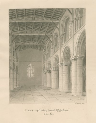 Innenraum der Tutbury Priory Church: Sepia-Waschzeichnung von John Buckler