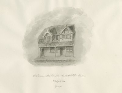 Leek Town - Alte Häuser am Marktplatz (Sepia-Zeichnung) von John Buckler